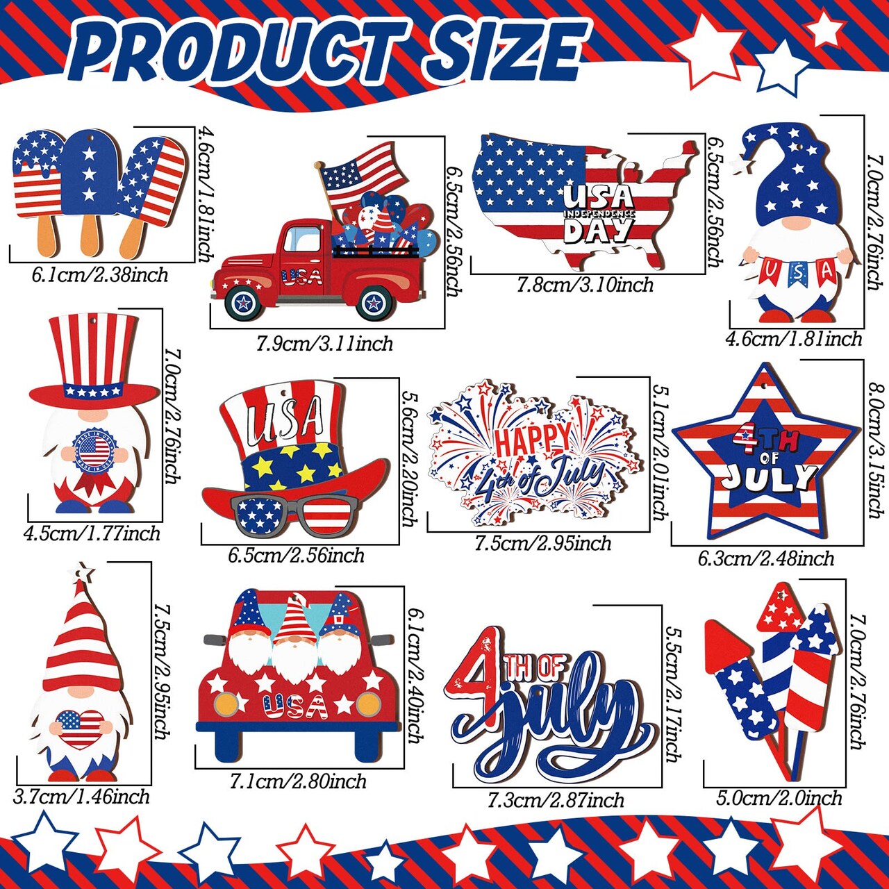 36 PCS 4th of July Ornaments for Tree Independence Day Wooden Gnome Hanging Decor Red White Blue Wooden Decor Memorial Day Leprechaun Cutouts Pendant for Independence Day Party Home Supplies